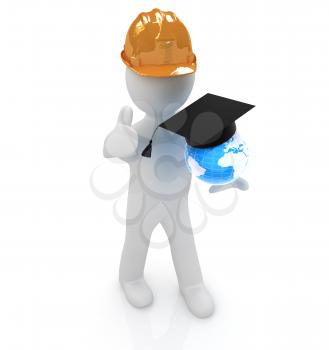 3d man in a hard hat with thumb up presents the best global technical education on a white background