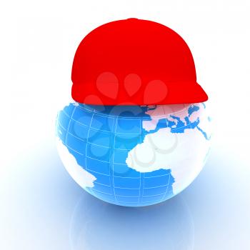 Earth in a red peaked cap. 3d icon. Concept: Summer Holidays and travel on a white background