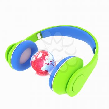 3d icon of colorful headphones and earth isolated on white background 