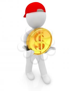 3d small man with gold dollar coin on a white background