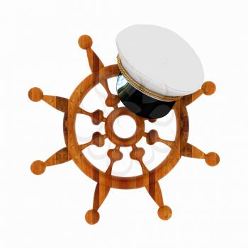 Marine cap on wood marine steering wheel on a white background