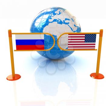 Three-dimensional image of the turnstile and flags of USA and Russia on a white background 