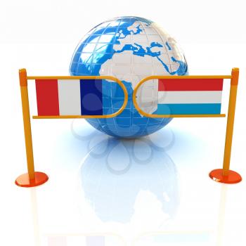 Three-dimensional image of the turnstile and flags of France and Luxembourg on a white background 