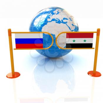 Three-dimensional image of the turnstile and flags of Russia and Syria on a white background 