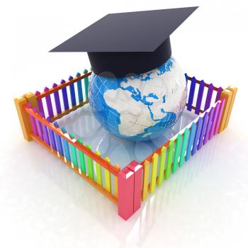 Global education concept in closed colorfull fence. Concept education protection on a white background