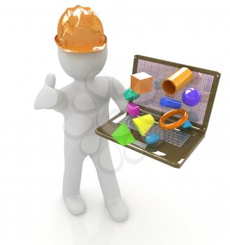3D small people - an engineer with the laptop presents 3D capabilities on a white background