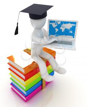 3d man in graduation hat with laptop sits on a colorful glossy boks on a white background