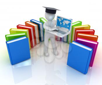 3d man in graduation hat working at his laptop and books on a white background