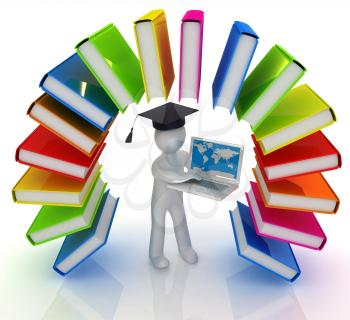 Colorful books like the rainbow and 3d man in a graduation hat with laptop on a white background