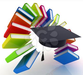 Colorful books like the rainbow and graduation hat on a white background