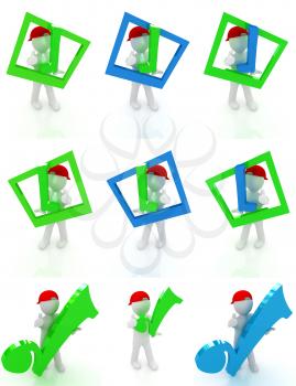 Set of 3d man in a red peaked cap with thumb up and a huge tick on a white background