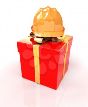 hard hat on a red gift on a white background