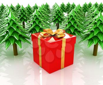 Christmas trees and gift on a white background