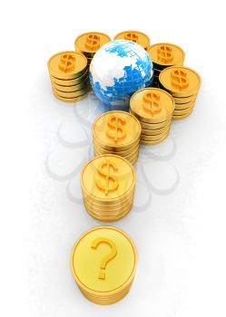 Question mark in the form of gold coins with dollar sign on a white background