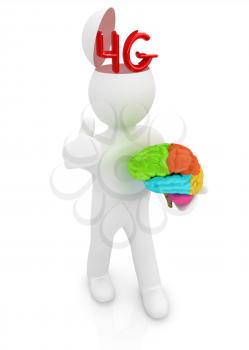 3d people - man with half head, brain and trumb up. 4g modern internet network
