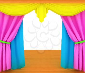 Colorfull curtains and wooden scene floor 