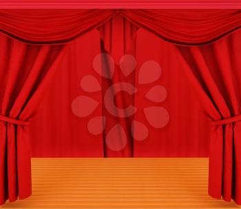 Red curtains and wooden scene floor 
