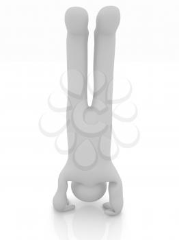 3d man isolated on white. Series: morning exercises - performs three-point head stand with hands on floor