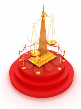 Gold scales of justice on 3d carpeting podium with gold handrail 