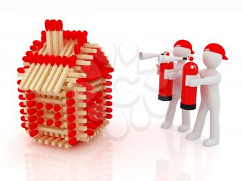 3d man with red fire extinguisher and log houses from matches pattern on white 