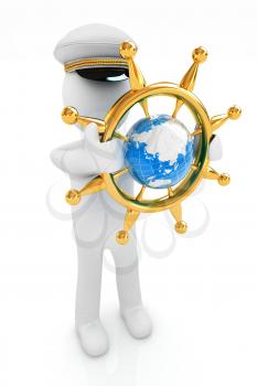 Sailor with gold steering wheel and earth. Trip around the world concept on a white background