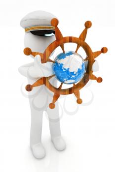Sailor with wood steering wheel and earth. Trip around the world concept on a white background