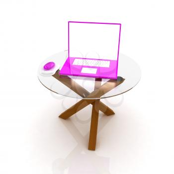 pink laptop on an exclusive table on a white background