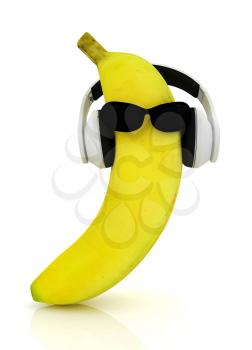 banana with sun glass and headphones front face on a white background