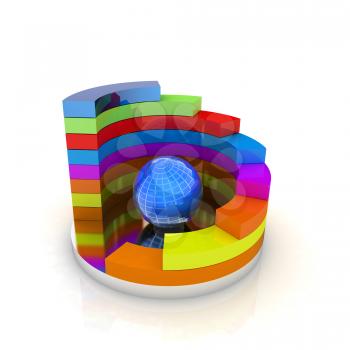 Abstract colorful structure with blue bal in the center on a white background
