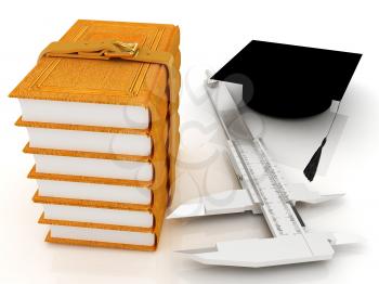 Vernier caliper, books and graduation hat. The best professional edication concept on a white background