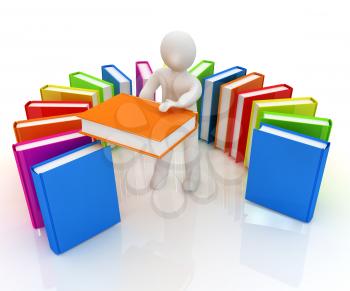 3d white man with and books on a white background