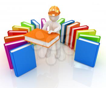 3d white man in a hard hat with best technical literature on a white background