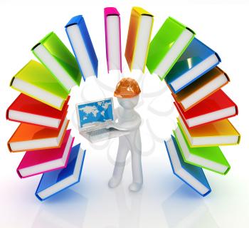 Colorful books like the rainbow and 3d man in a hard hat with laptop on a white background
