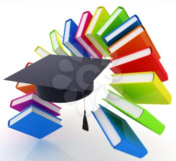Colorful books like the rainbow and graduation hat on a white background