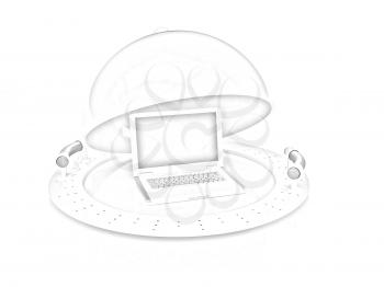 Restaurant cloche and laptop with open lid on a white background