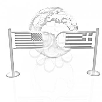Three-dimensional image of the turnstile and flags of USA and Greece on a white background 