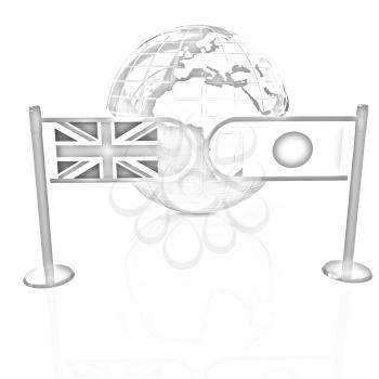 Three-dimensional image of the turnstile and flags of UK and Japan on a white background 