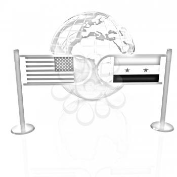 Three-dimensional image of the turnstile and flags of USA and Syria on a white background 