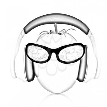 tomato with sun glass and headphones front face on a white background