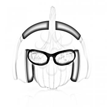 Head of garlic with sun glass and headphones front face on a white background