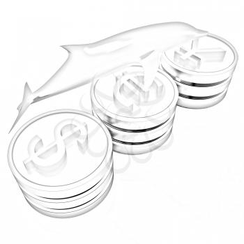Gold coins with 3 major currencies with golden dolphin on a white background