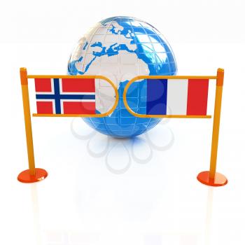 Three-dimensional image of the turnstile and flags of France and Norway on a white background 