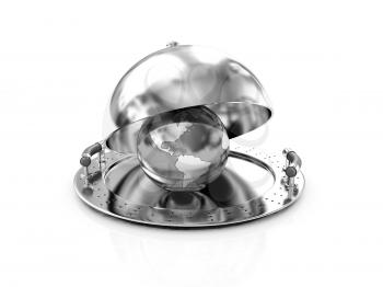 Earth globe on glossy salver dish under a cover on a white background