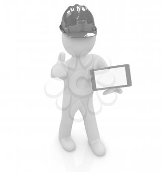 3d white man in a hard hat with thumb up and tablet pc on a white background