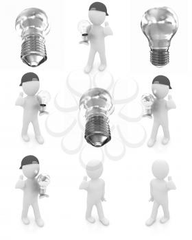 Set of 3d man with energy saving light bulb isolated on white 