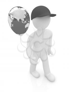 3d man keeps balloon of earth. Global holiday on a white background