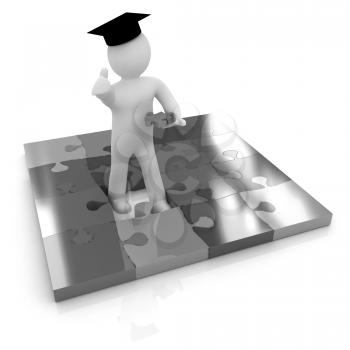 3d man in a graduation Cap with thumb up with individual puzzles on a white background