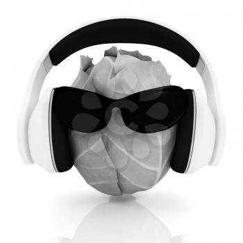 Green cabbage with sun glass and headphones front face on a white background