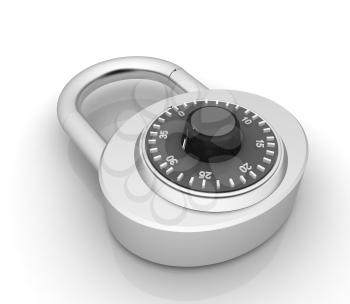 Illustration of security concept with chrome locked combination pad lock on a white background