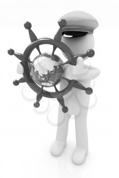 Sailor with steering wheel and earth. Trip around the world concept on a white background